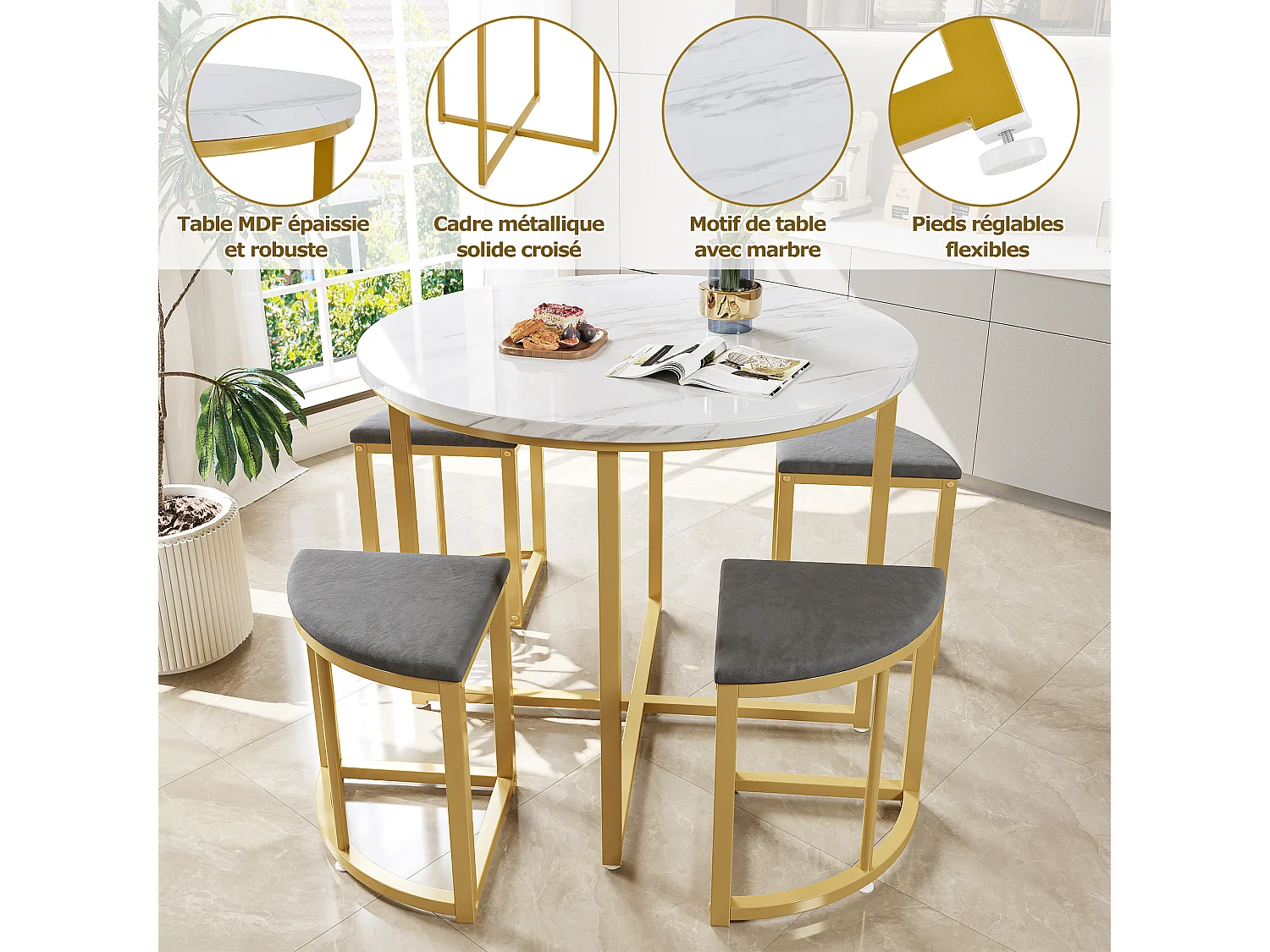 Conjunto de mesa redonda de 4 peças 80 cm MDF branco + 4 cadeiras de veludo cinza com pés de metal dourado