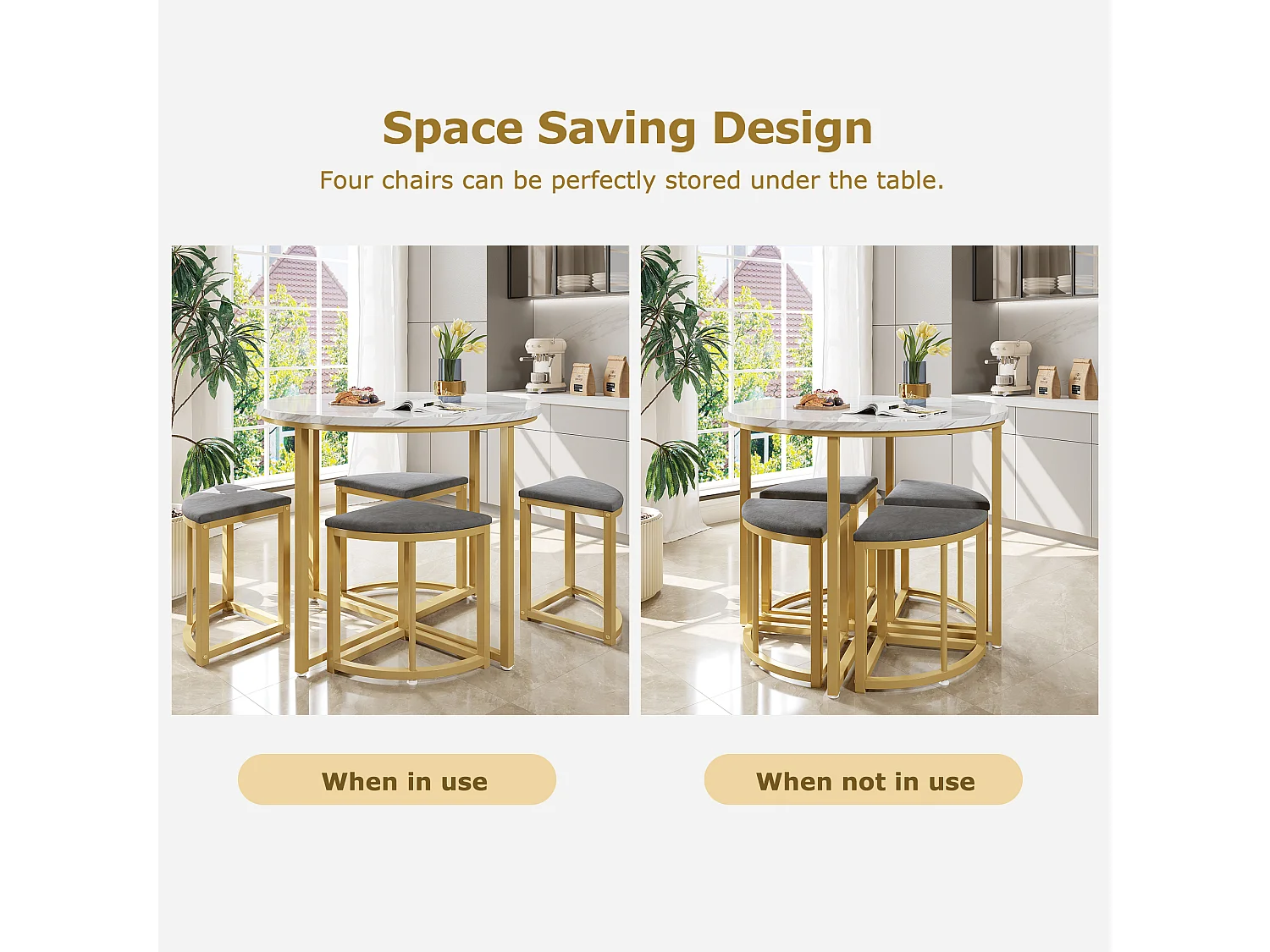 Conjunto de mesa redonda de 4 peças 80 cm MDF branco + 4 cadeiras de veludo cinza com pés de metal dourado