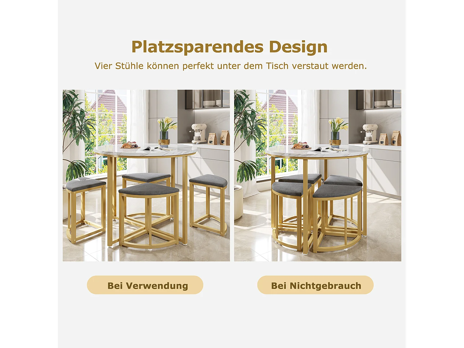 Conjunto de mesa redonda de 4 peças 80 cm MDF branco + 4 cadeiras de veludo cinza com pés de metal dourado