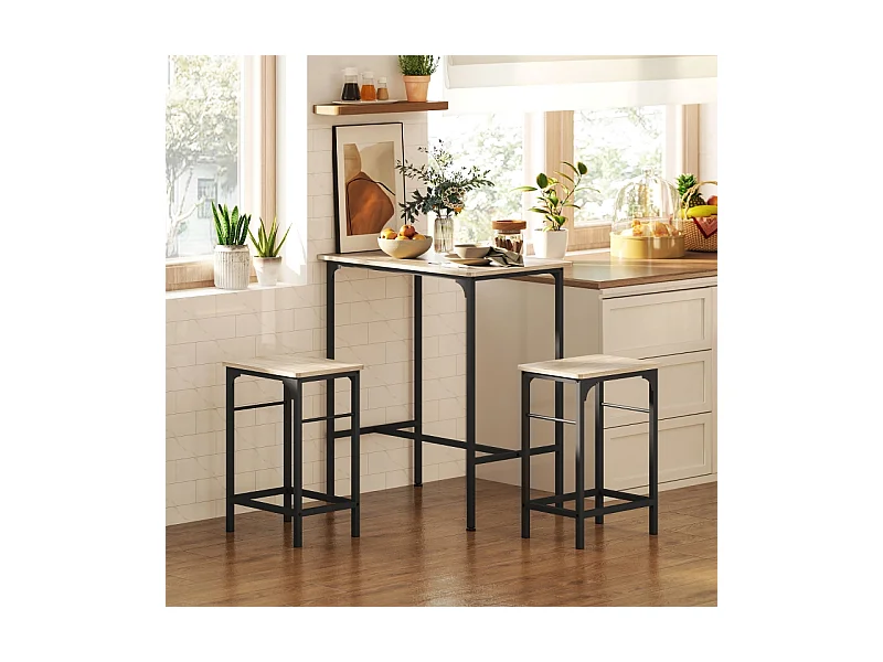 Conjunto de bar de 3 peças, mesa alta 80x50 cm + 2 bancos, madeira natural, metal preto