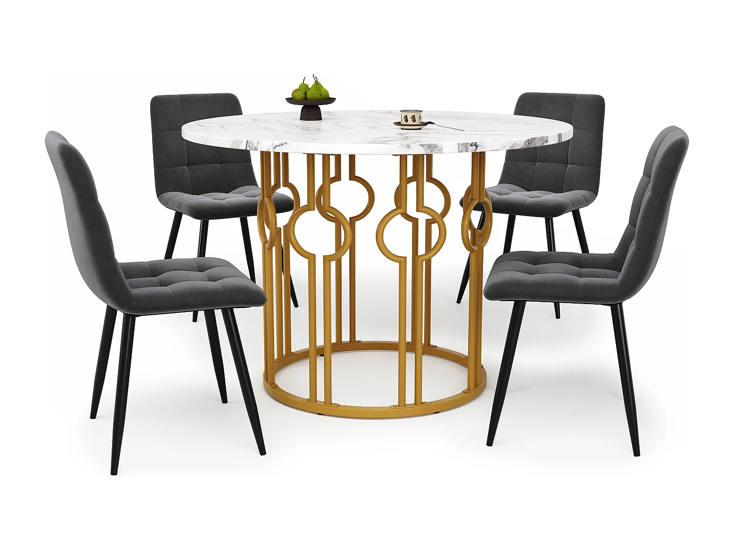 Conjunto de comedor de 5 piezas, mesa redonda de 100 cm, MDF blanco, patas de metal dorado, sillas de terciopelo gris oscuro
