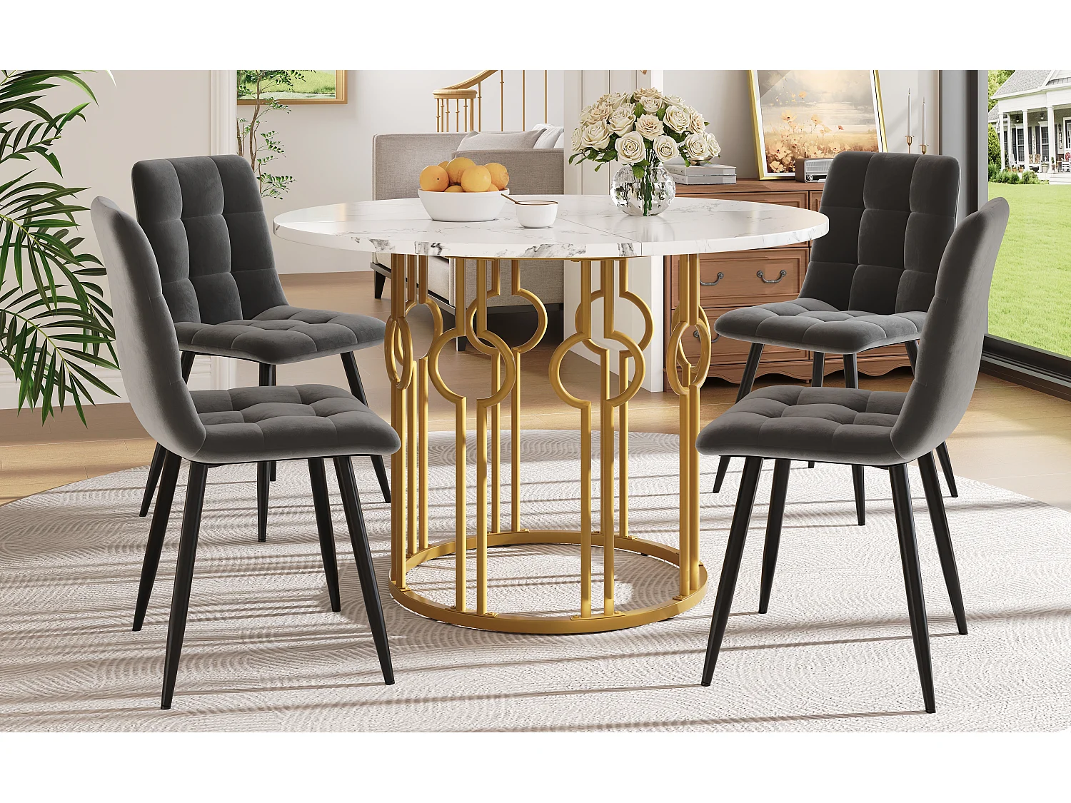 Conjunto de comedor de 5 piezas, mesa redonda de 100 cm, MDF blanco, patas de metal dorado, sillas de terciopelo gris oscuro