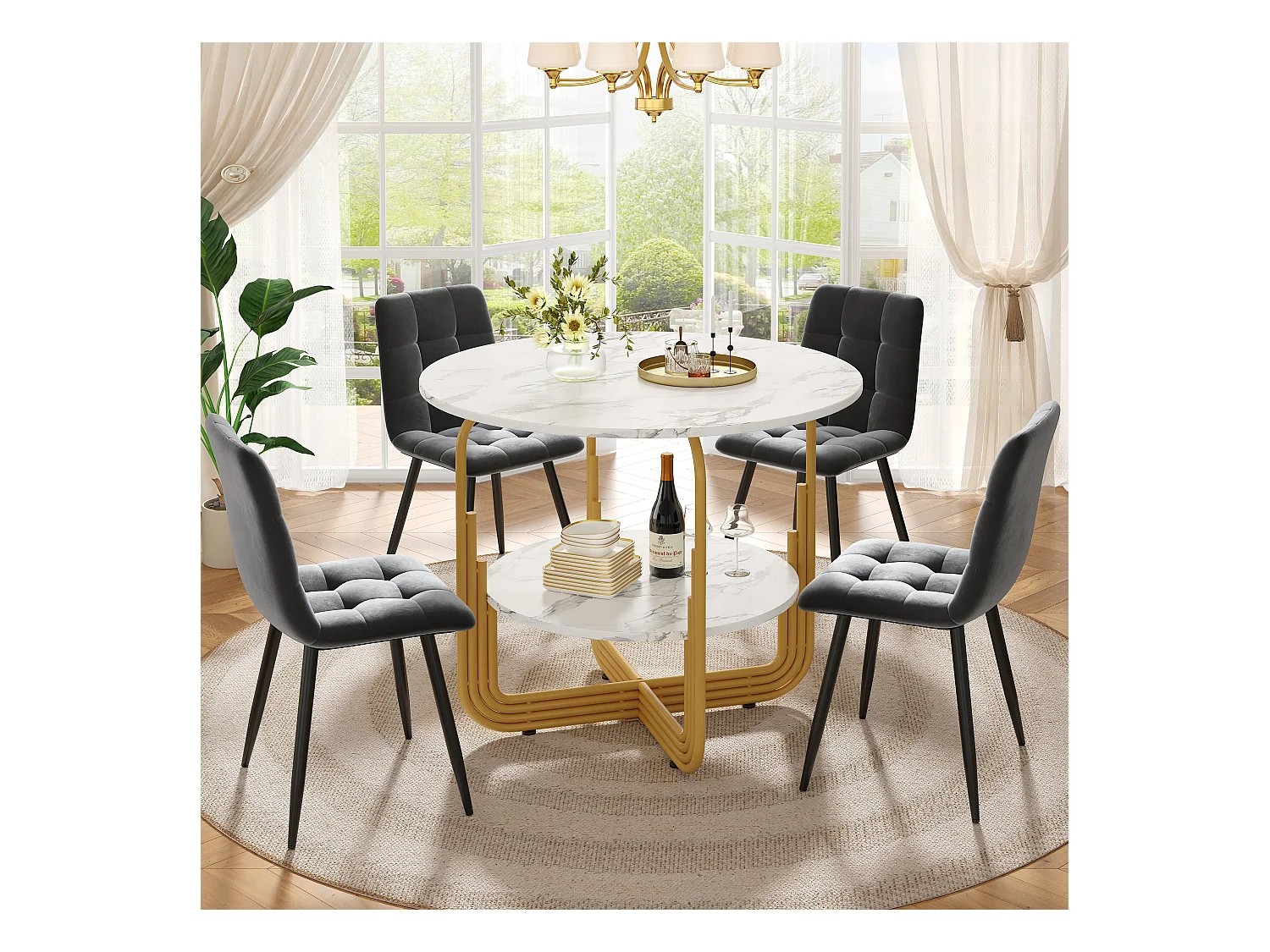 Conjunto de comedor de 5 piezas, mesa redonda de 80 cm, mármol MDF, patas de metal dorado, sillas de terciopelo gris