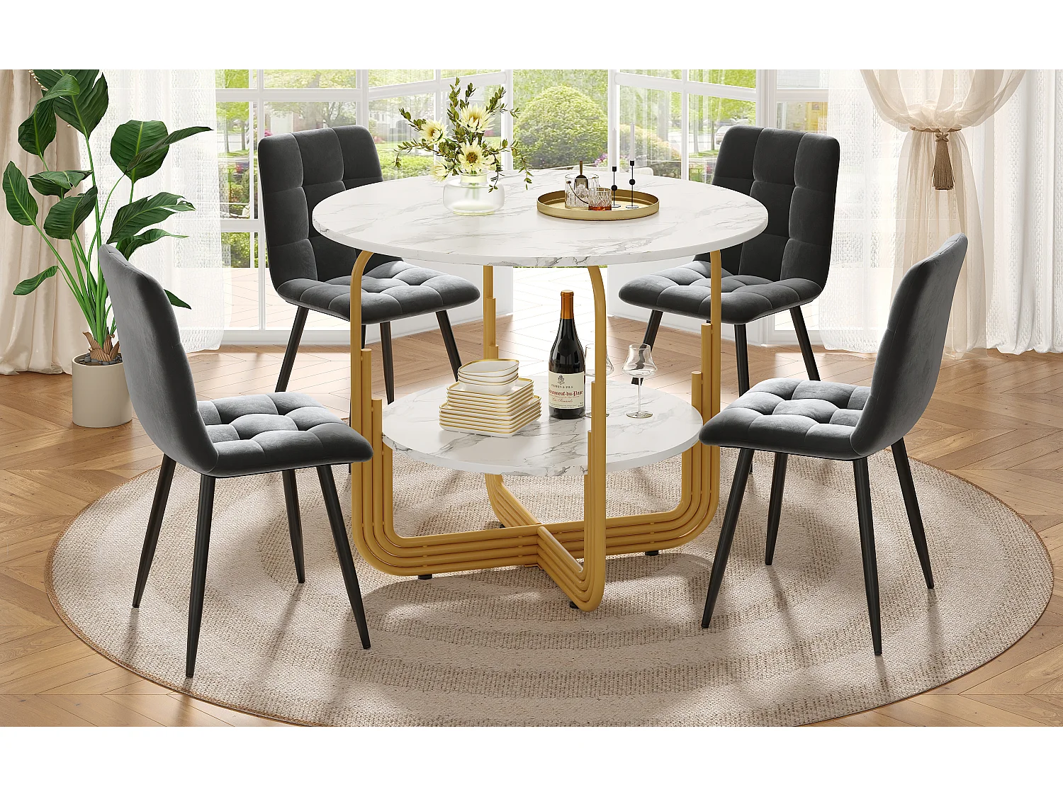 Conjunto de comedor de 5 piezas, mesa redonda de 80 cm, mármol MDF, patas de metal dorado, sillas de terciopelo gris