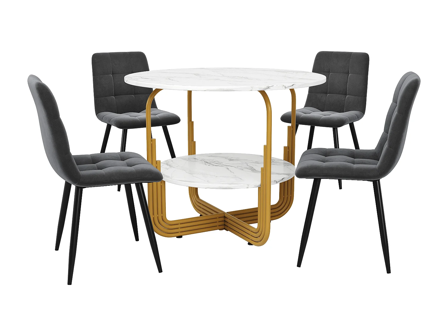 Conjunto de comedor de 5 piezas, mesa redonda de 80 cm, mármol MDF, patas de metal dorado, sillas de terciopelo gris