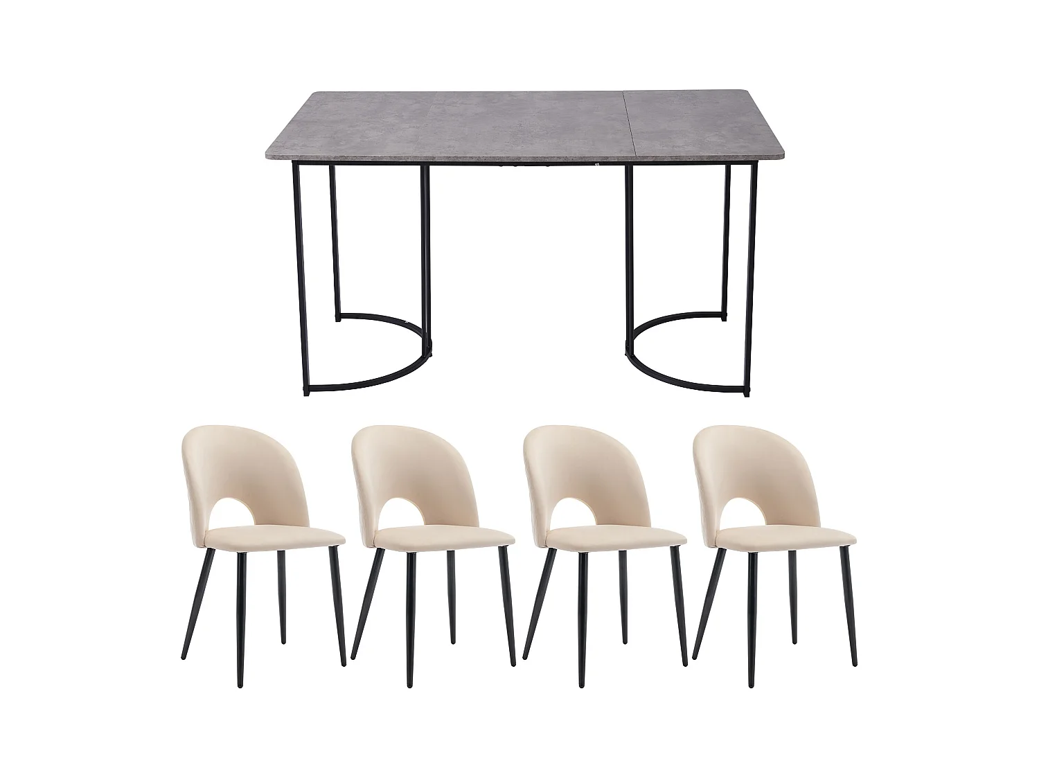 Conjunto de comedor 5 piezas MDF mesa 140×80 cm + 4 sillas terciopelo beige, patas metal negro
