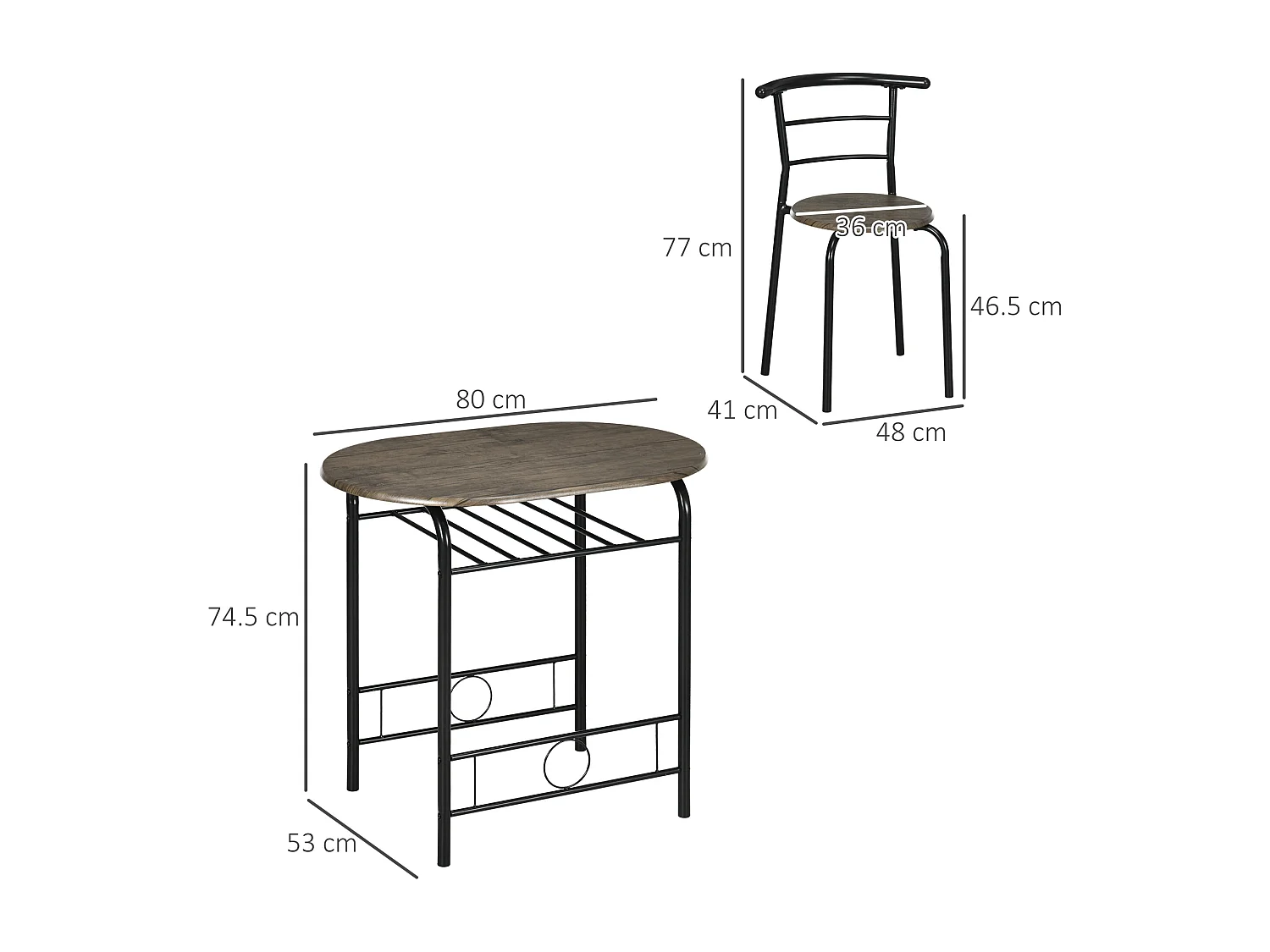 Conjunto de mesa 3 piezas MDF metal 1 mesa 2 sillas cocina salón negro 80x53x74,5cm