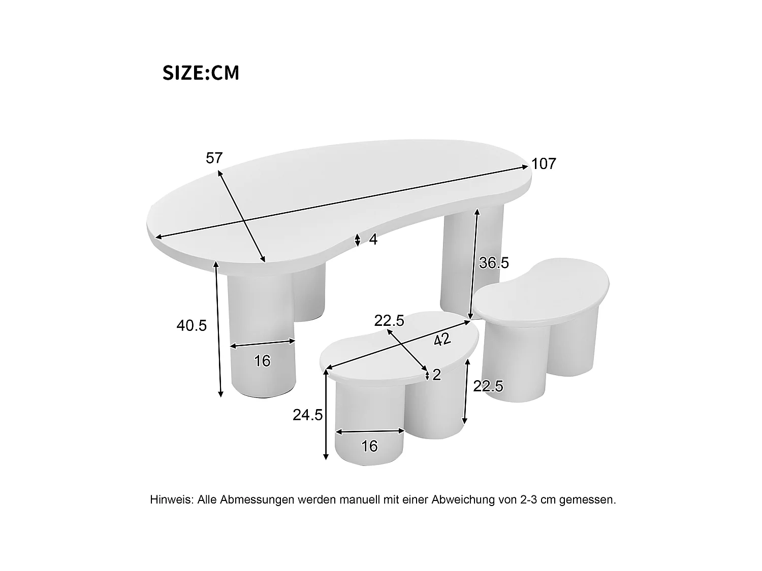 Mesa de Centro Meia Lua 107×57 cm MDF PVC 2 Bancos Moderna Sala de Estar Branca