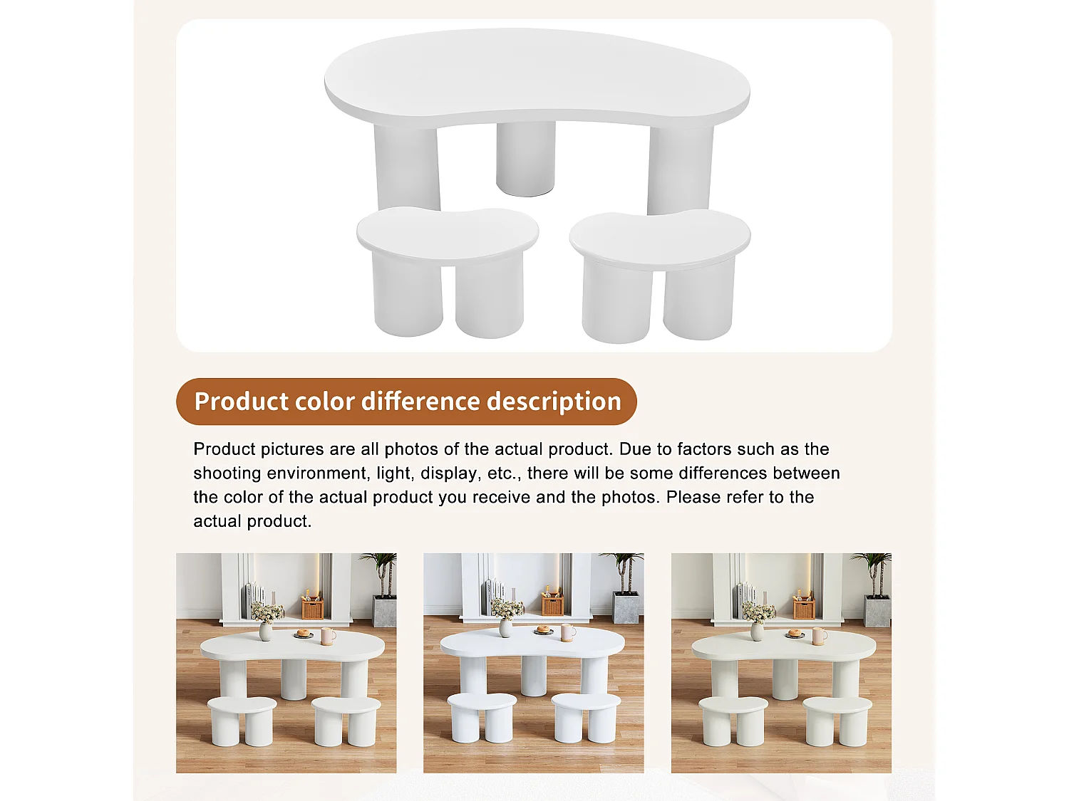 Mesa de Centro Meia Lua 107×57 cm MDF PVC 2 Bancos Moderna Sala de Estar Branca