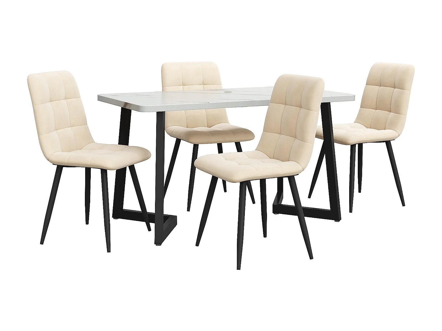 Conjunto de sala de jantar de 5 peças, mesa de MDF com efeito mármore de 117 x 68 cm, pernas de metal, cadeiras de veludo bege