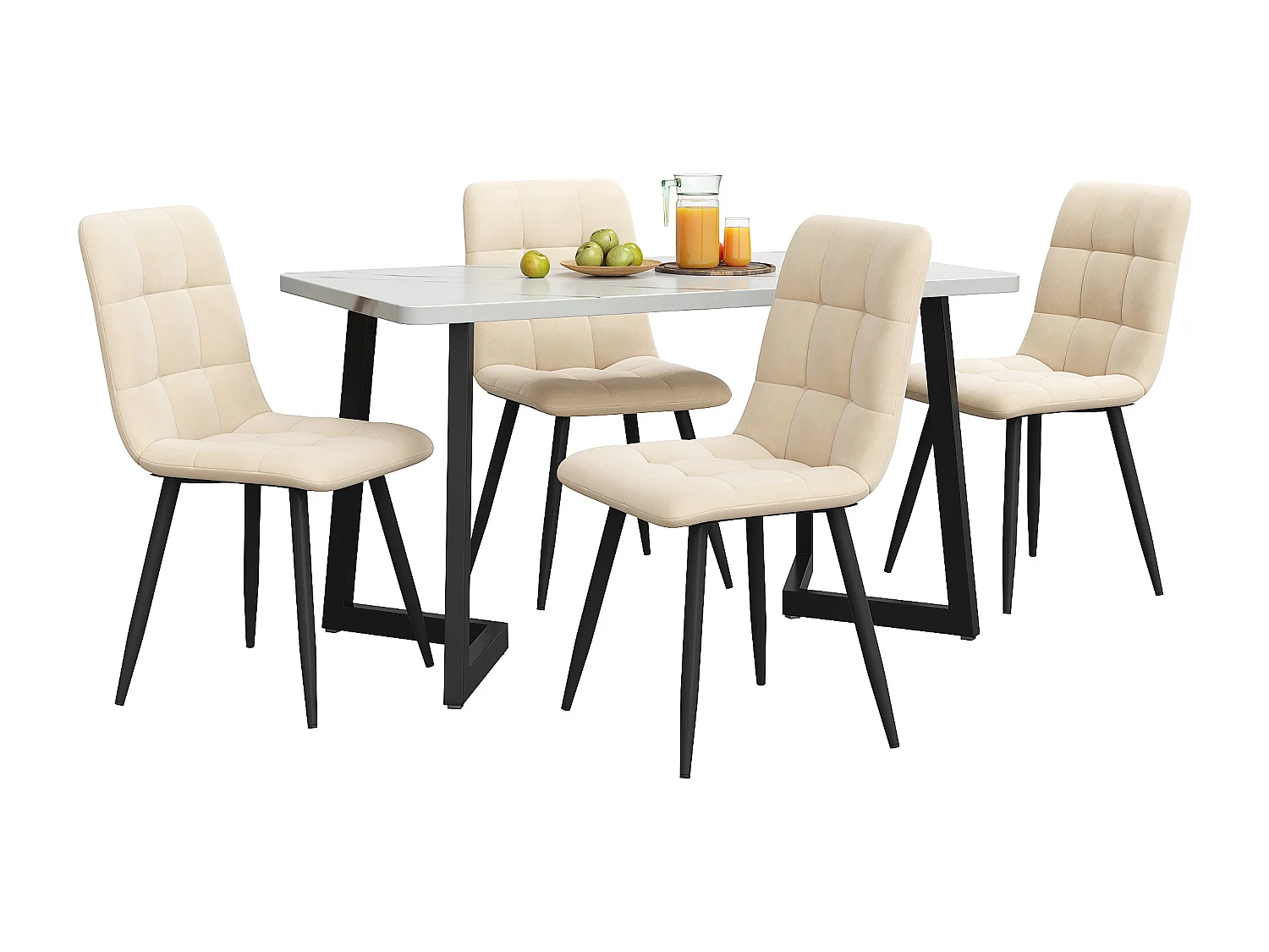 Conjunto de sala de jantar de 5 peças, mesa de MDF com efeito mármore de 117 x 68 cm, pernas de metal, cadeiras de veludo bege