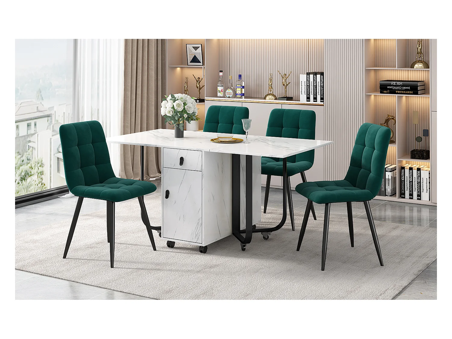 Conjunto de mesa plegable de MDF de 150×80 cm + 4 sillas de terciopelo negro