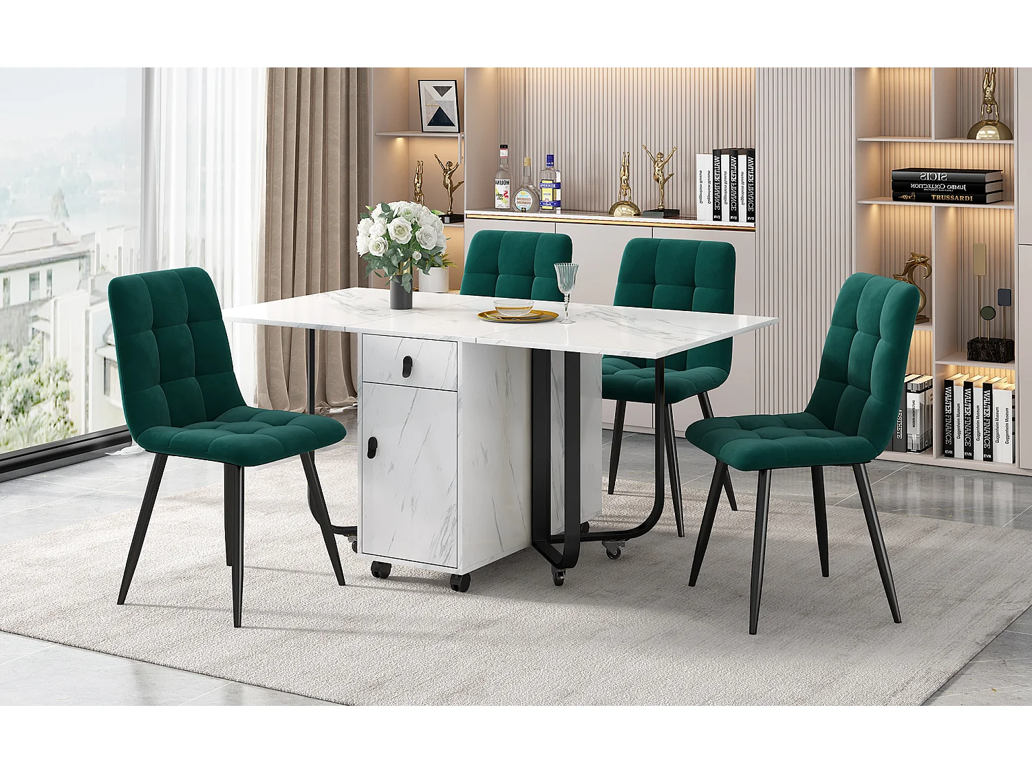 Conjunto de mesa plegable de MDF de 150×80 cm + 4 sillas de terciopelo negro