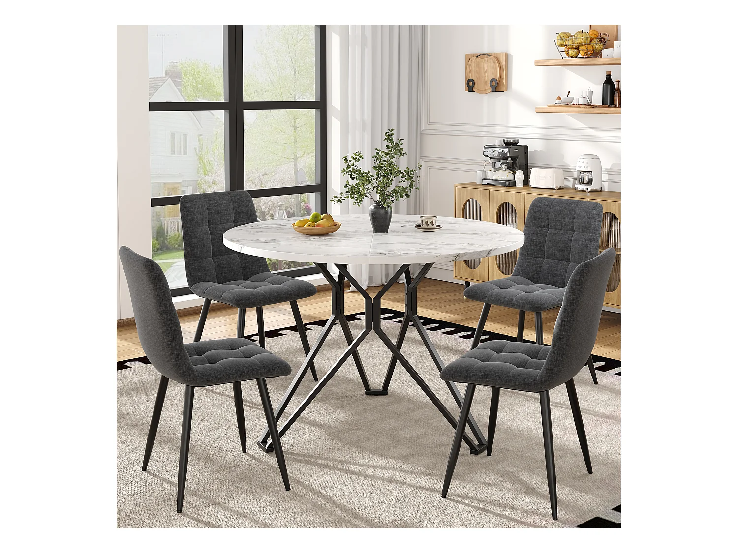 Ensemble salle à manger 5 pezzi tavolo rotondo MDF effetto marmo metallo con 4 sedie tessuto grigio