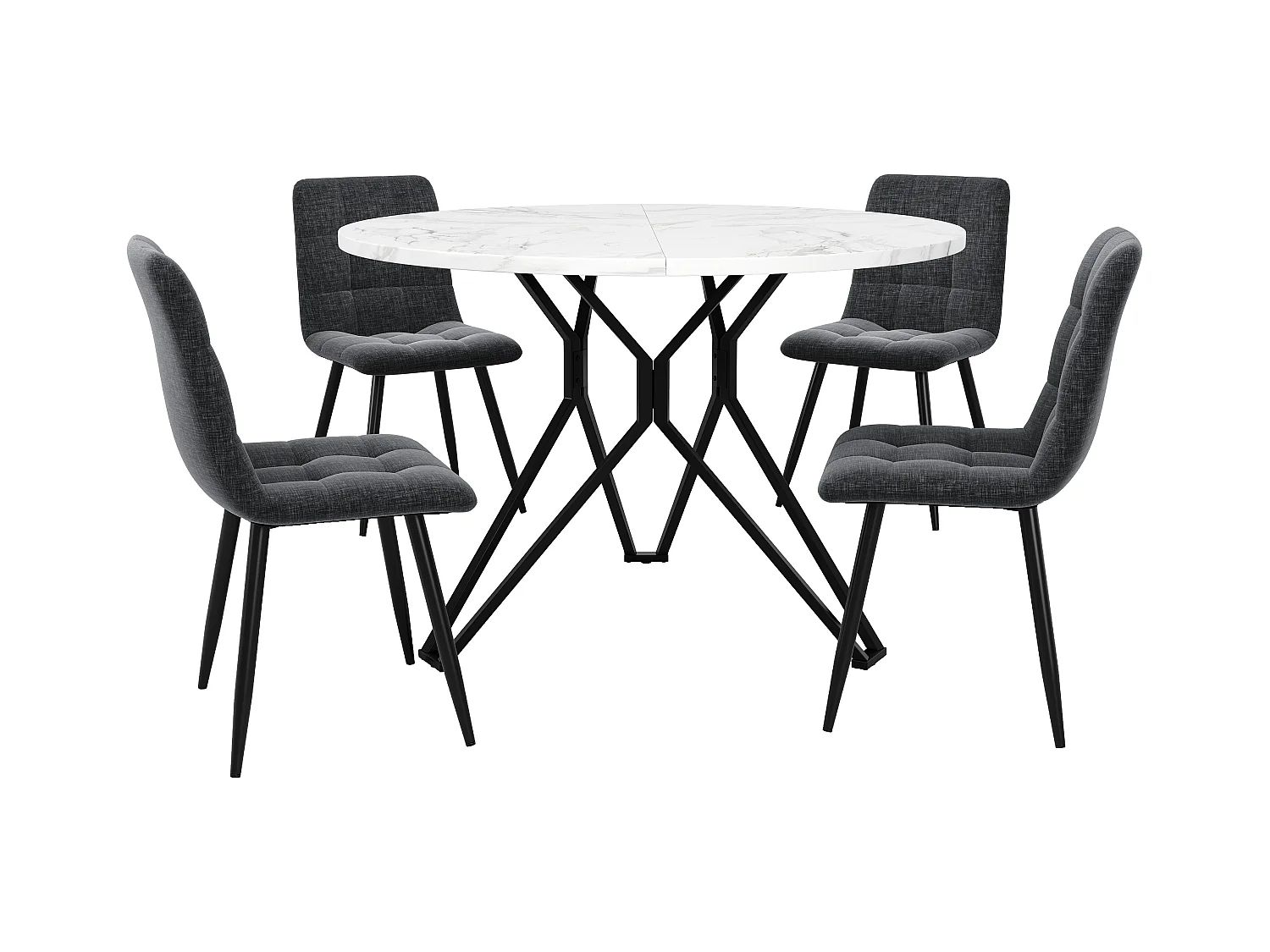 Ensemble salle à manger 5 pezzi tavolo rotondo MDF effetto marmo metallo con 4 sedie tessuto grigio