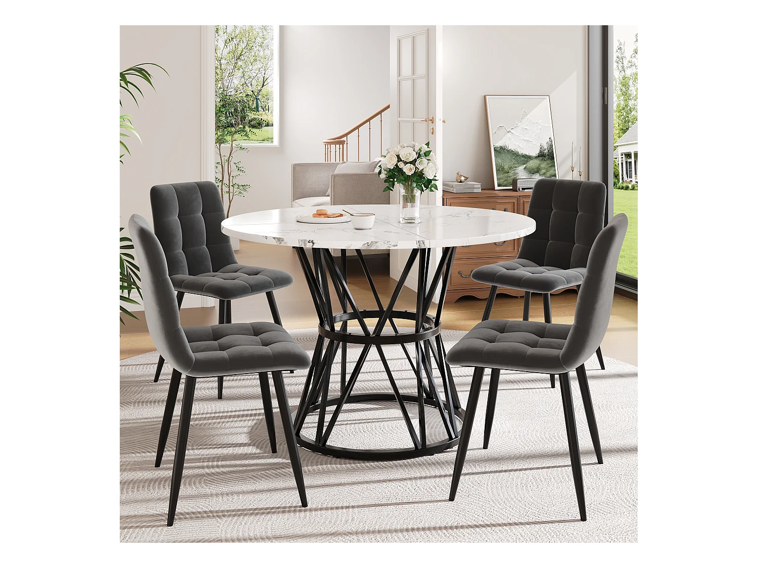 Conjunto de comedor de 5 piezas, mesa redonda de mármol MDF de 100 cm, patas de metal negro, sillas de terciopelo gris