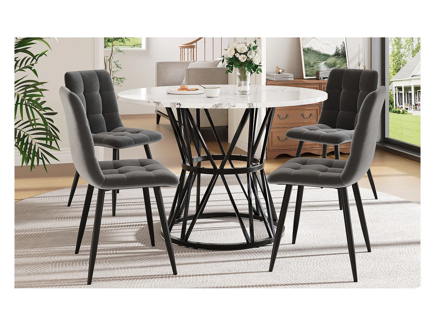 Conjunto de comedor de 5 piezas, mesa redonda de mármol MDF de 100 cm, patas de metal negro, sillas de terciopelo gris