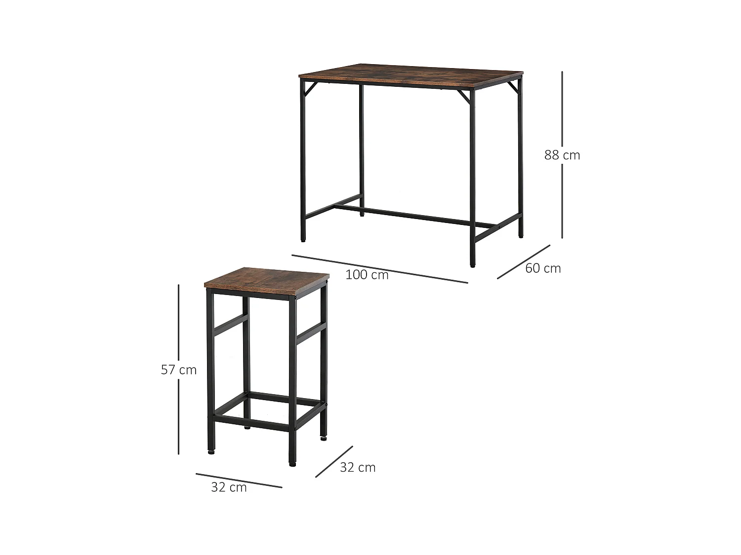 Ensemble bar tavolo 5 pezzi MDF metallo 4 tabourets cucina salone brun noir 100x60x88cm