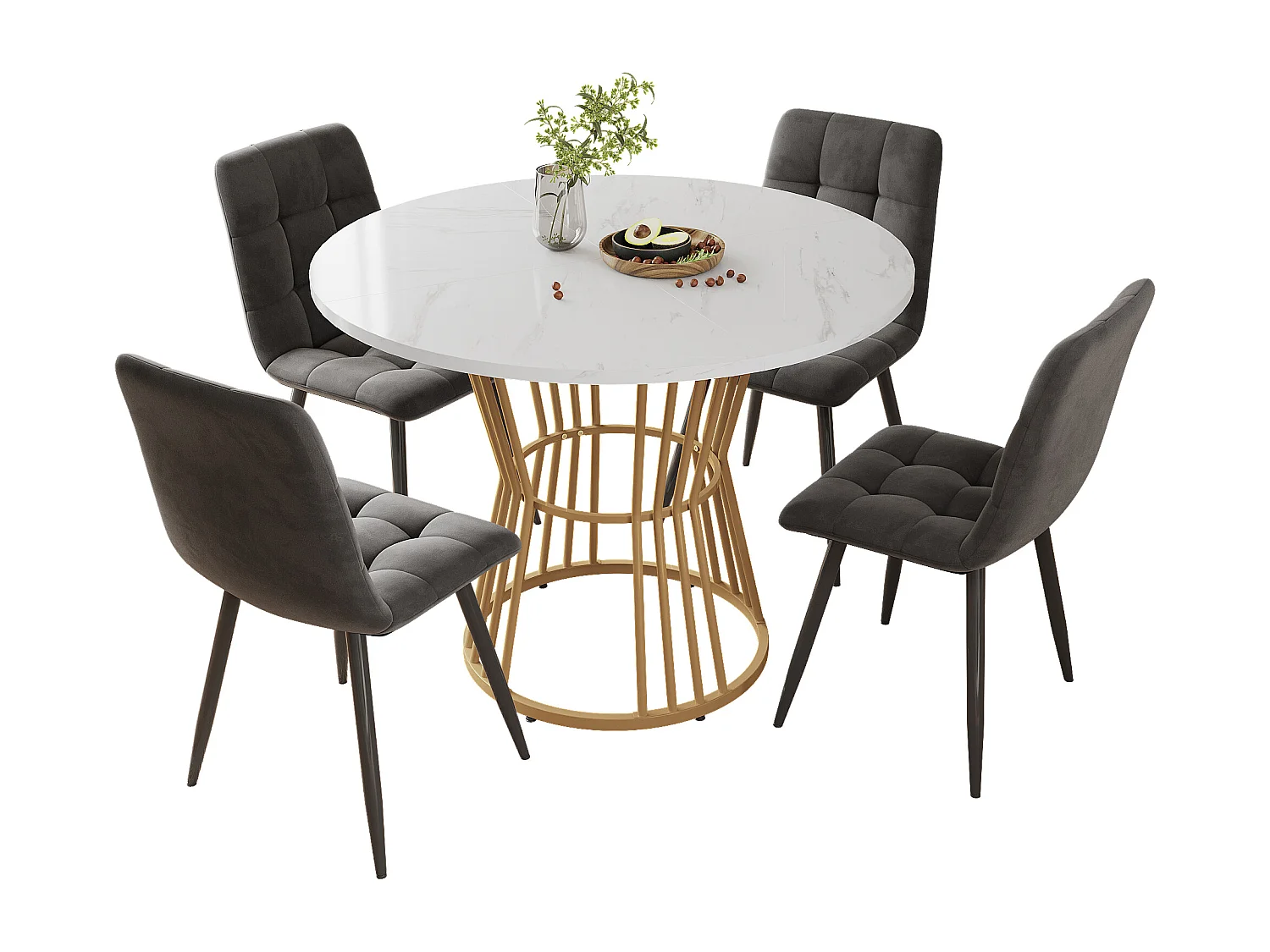 Conjunto de mesa de comedor redonda de 5 piezas con tablero de MDF blanco de 100 cm, patas de metal dorado + 4 sillas de terciopelo gris