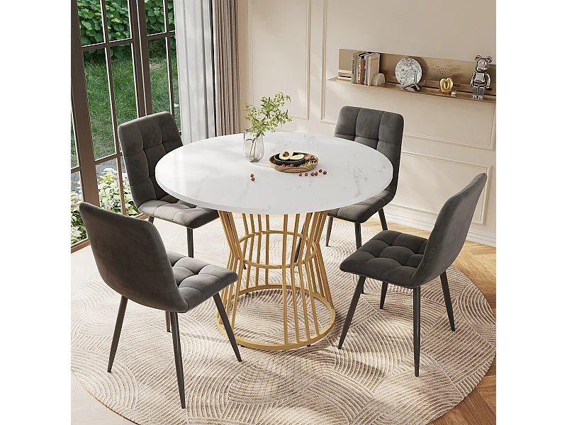 Conjunto de mesa de comedor redonda de 5 piezas con tablero de MDF blanco de 100 cm, patas de metal dorado + 4 sillas de terciopelo gris