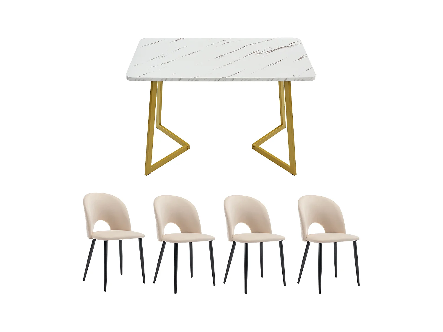 Ensemble Salle à Manger Tavolo 5 Pezzi 117×68 cm MDF Pieds Dorés Chaises Velours Beige