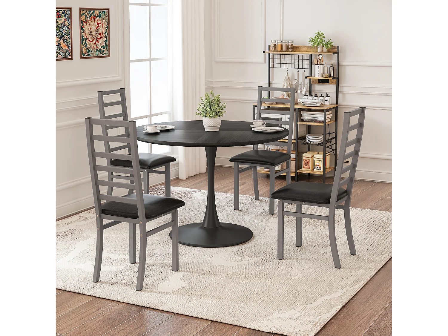 Tavolo completo da mangiatoia tulipe 120 cm 4 sedie MDF metallo salone café noir gris