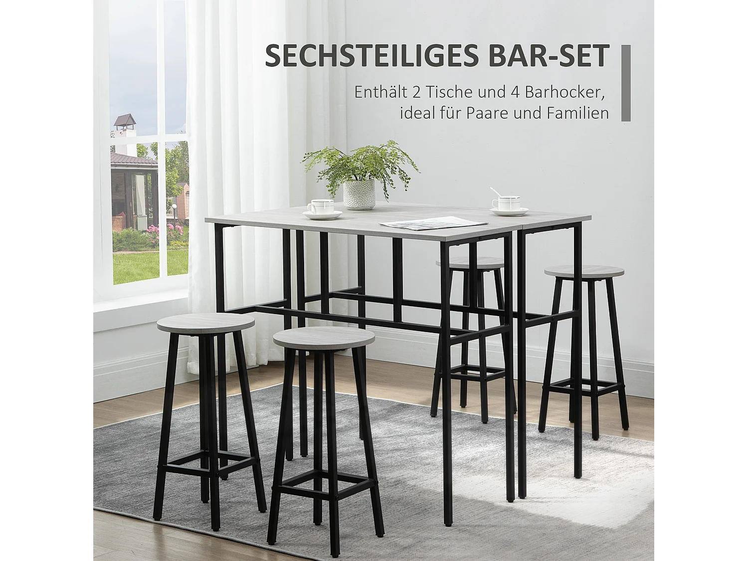 Ensemble bar 6 pezzi 2 tavoli MDF metallo 4 tabourets salone cucina gris noir