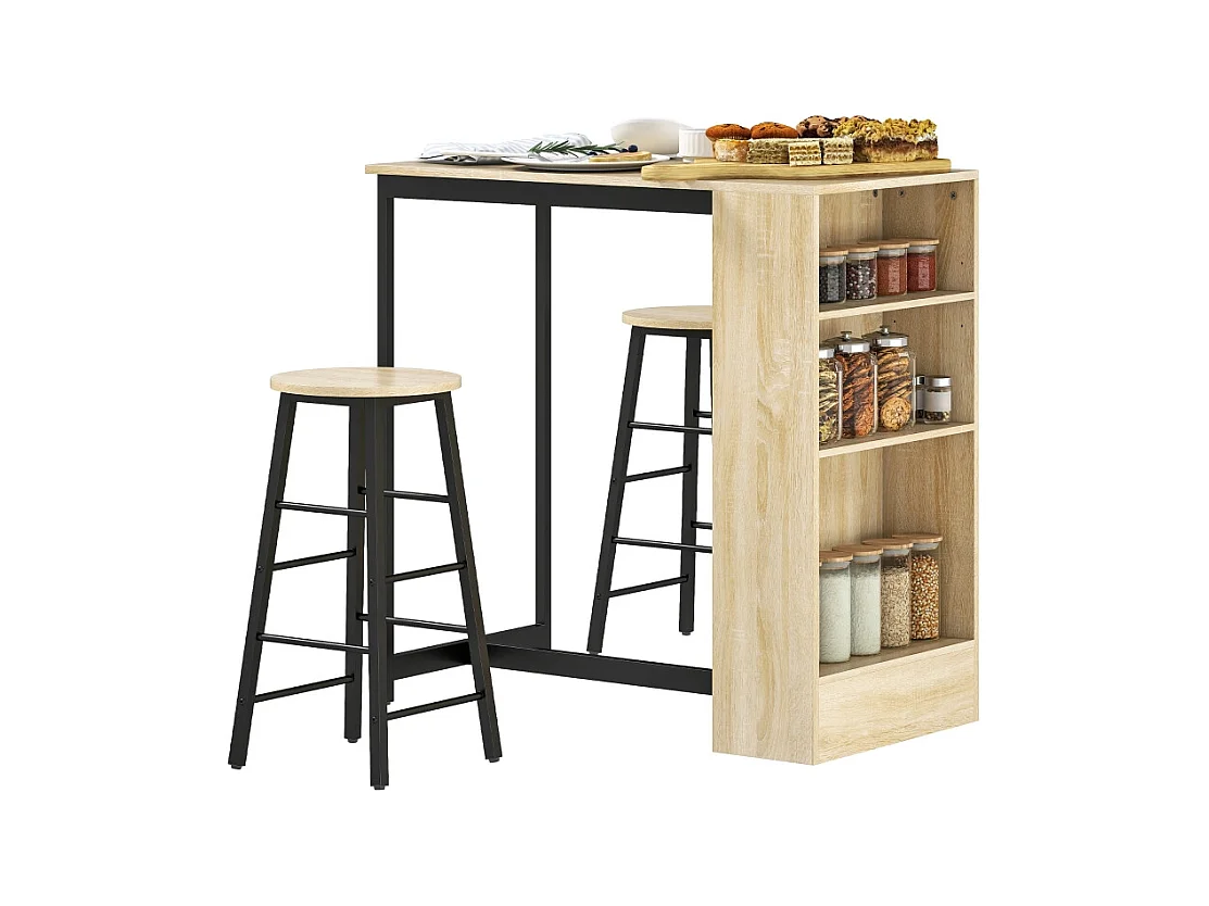 Ensemble bar 3 pezzi tavolo alto 91x49x91 cm + 2 tabourets métal noir bois chêne