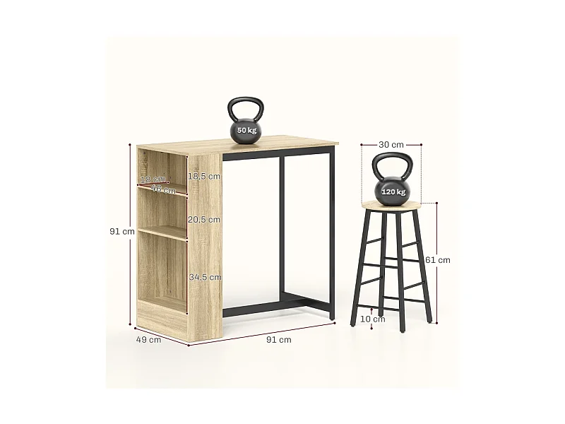Ensemble bar 3 pezzi tavolo alto 91x49x91 cm + 2 tabourets métal noir bois chêne