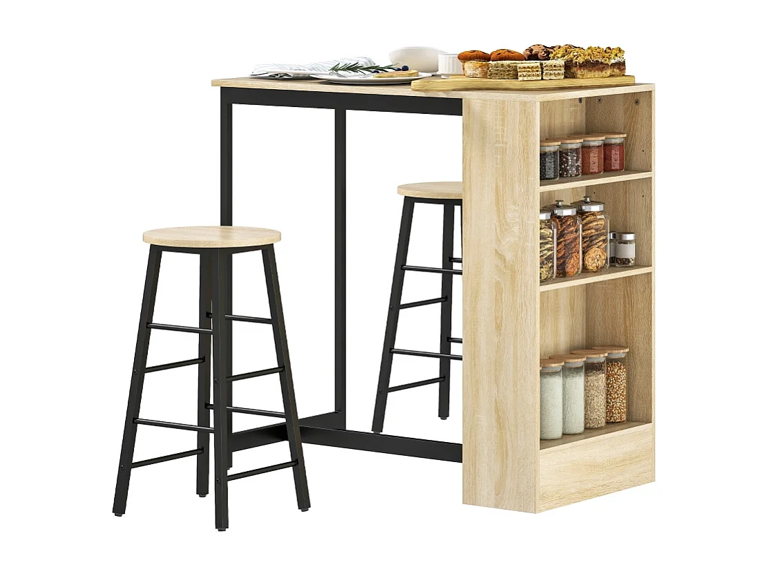 Conjunto bar 3 piezas mesa alta 91x49x91 cm + 2 taburetes metal negro madera roble
