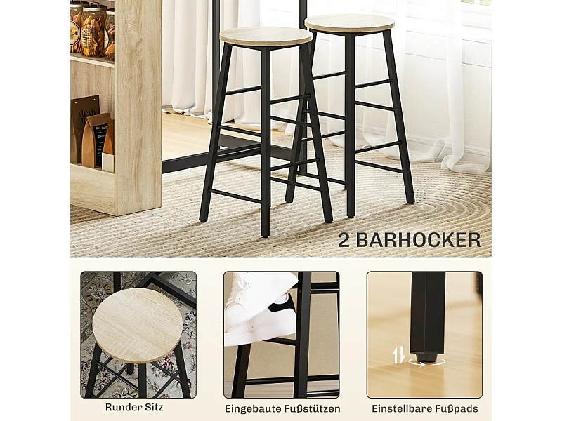 Conjunto bar 3 piezas mesa alta 91x49x91 cm + 2 taburetes metal negro madera roble