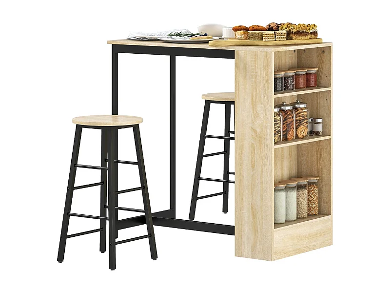 Conjunto de bar 3 peças mesa alta 91x49x91 cm + 2 bancos de metal preto madeira carvalho