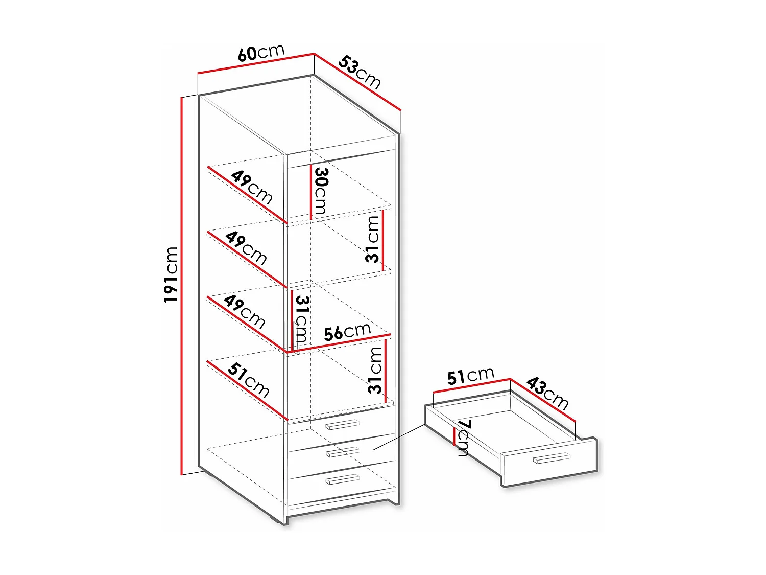 Estantería Novduni 110, Cerrable|Con cajones|Con puertas, Aglomerado laminado, 191x60cm