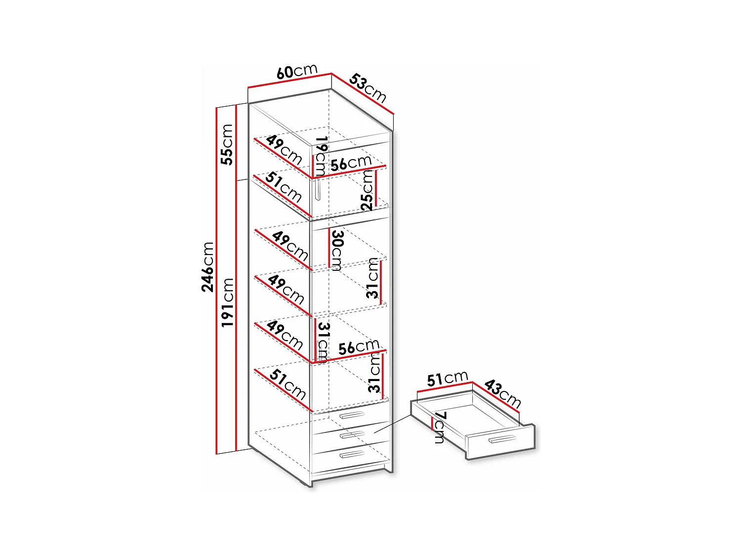 Estantería Novduni 111, Con cajones|Con puertas|Cerrable, Aglomerado laminado, 191x60cm