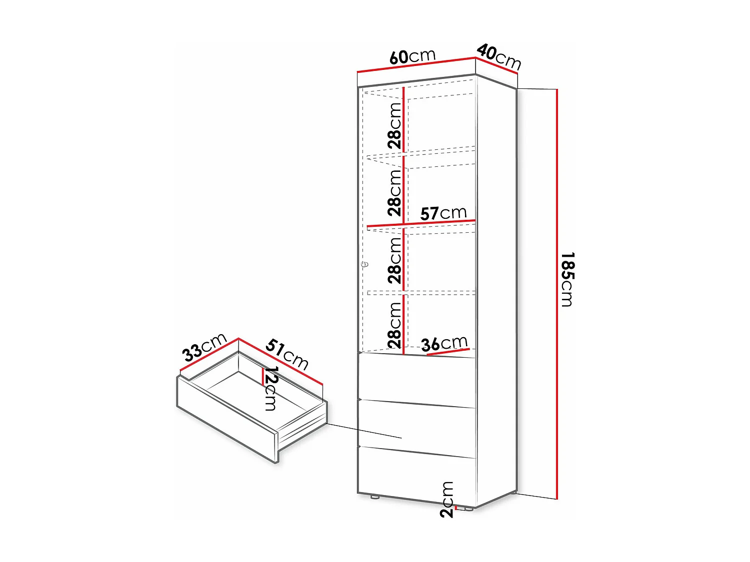 Étagère Domcali 103, Fermé|Avec tiroirs|Avec des portes, Stratifié, 185x60x40cm