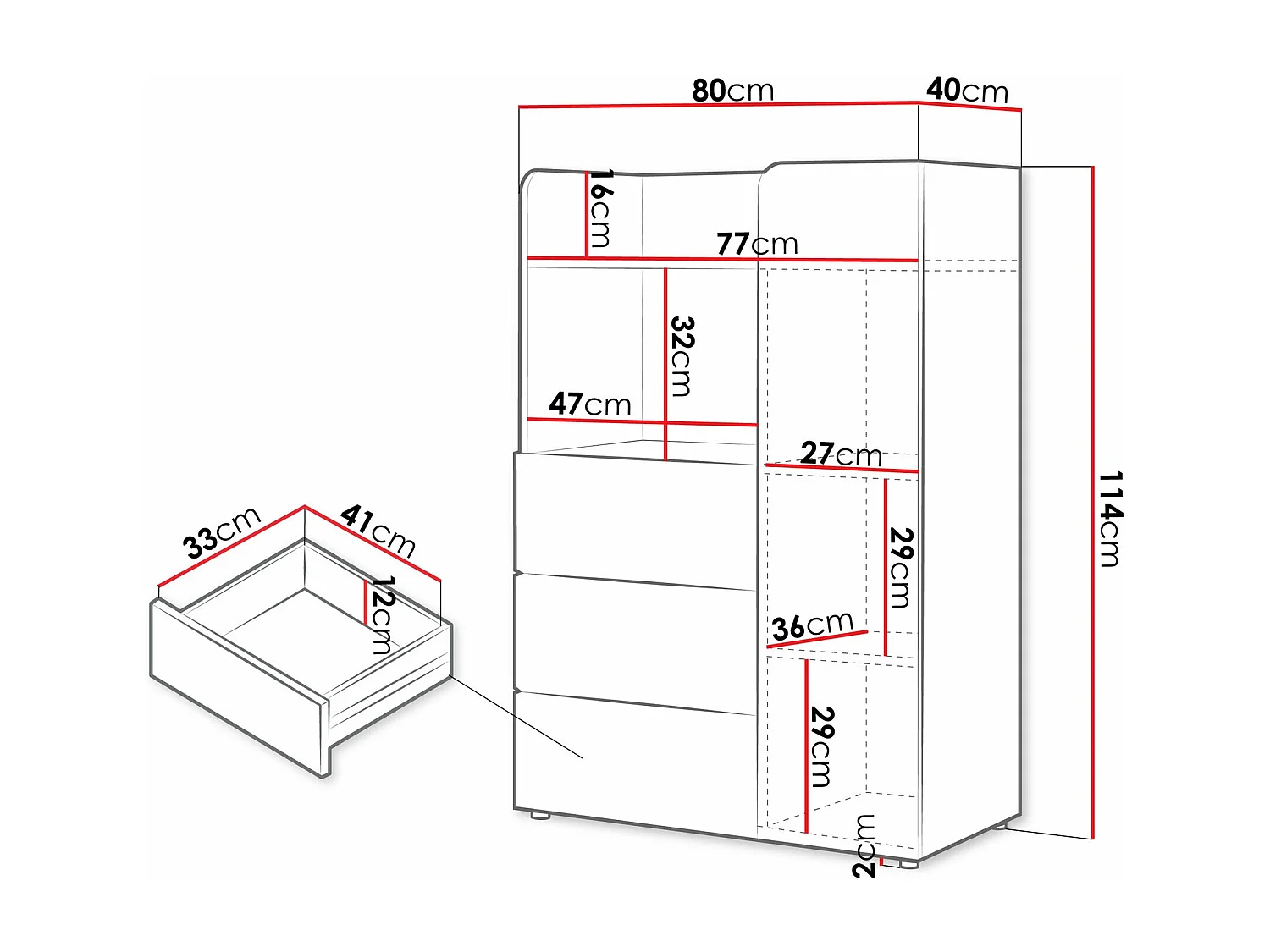 Étagère Domcali 106, Fermé|Avec tiroirs|Avec des portes, Stratifié, 114x80x40cm