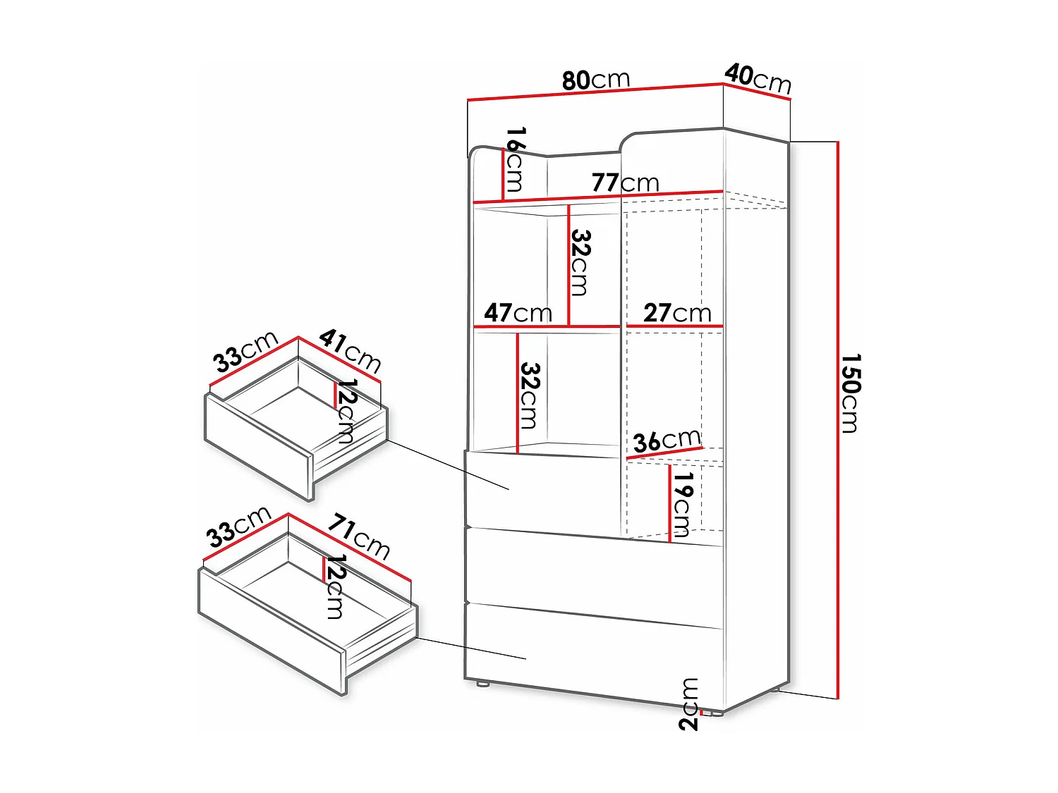 Étagère Domcali 105, Fermé|Avec tiroirs|Avec des portes, Stratifié, 150x80x40cm