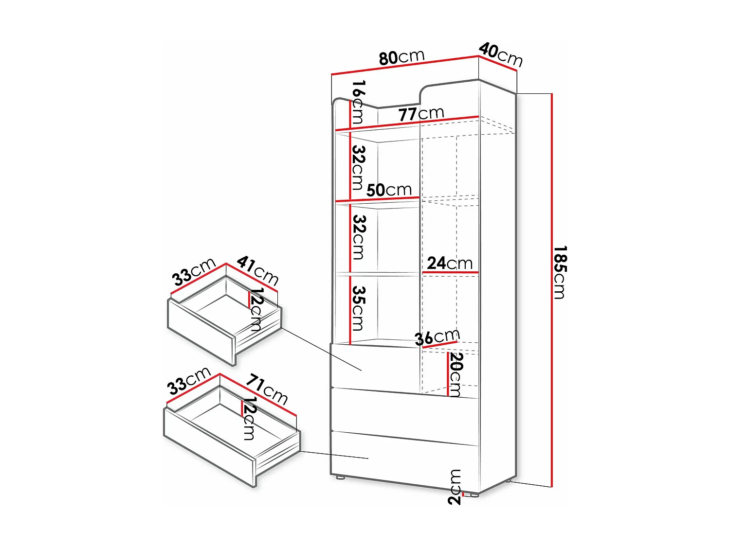 Étagère Domcali 102, Fermé|Avec tiroirs|Avec des portes, Stratifié, 185x80x40cm