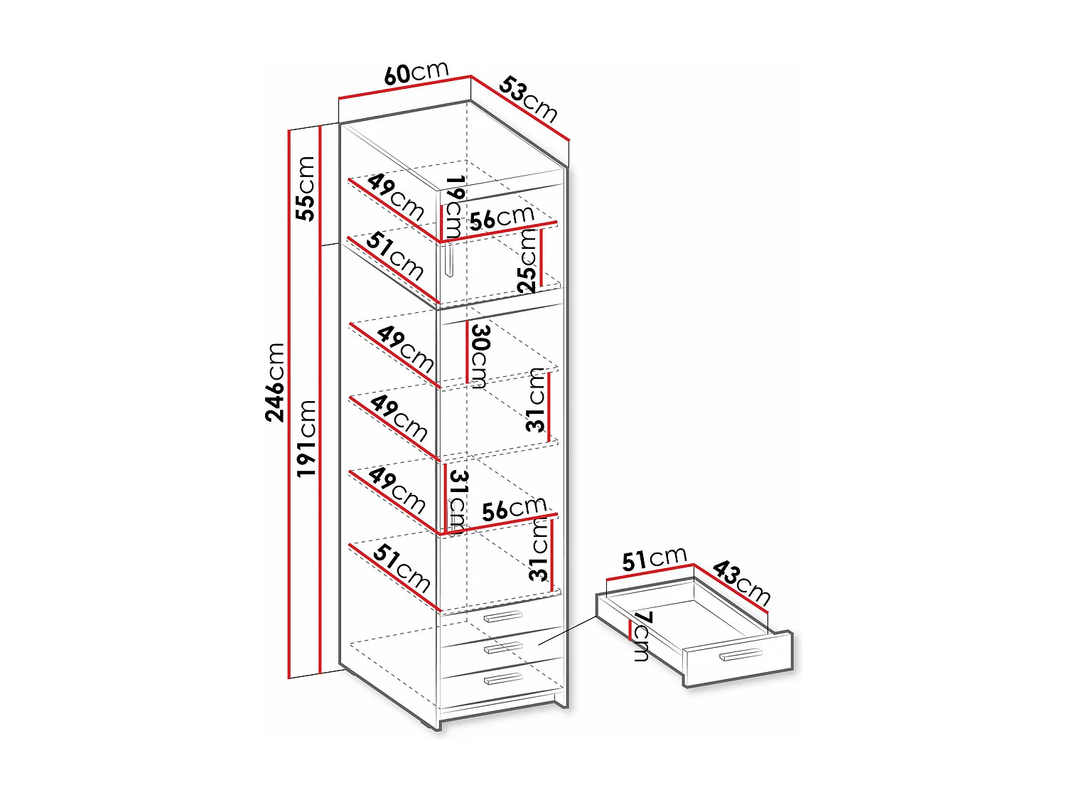 Estantería Novduni 111, Con cajones|Con puertas|Cerrable, Aglomerado laminado, 191x60cm