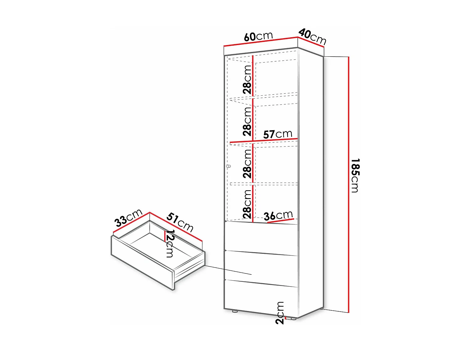 Étagère Domcali 103, Fermé|Avec tiroirs|Avec des portes, Stratifié, 185x60x40cm