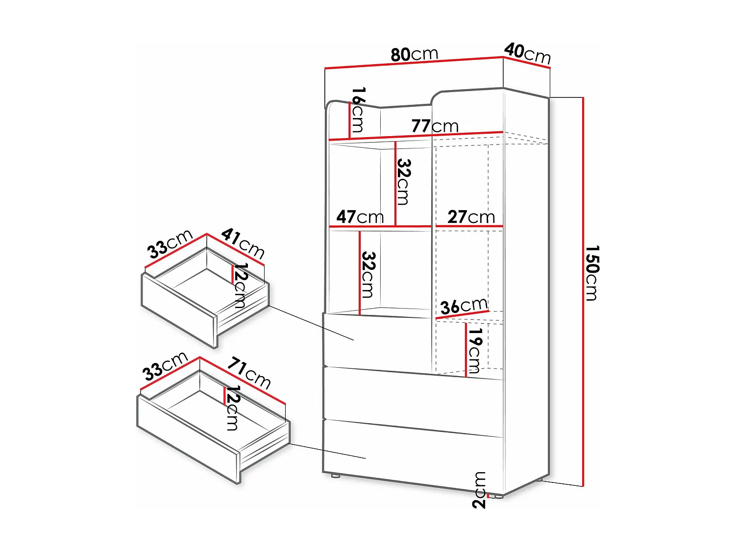 Étagère Domcali 105, Fermé|Avec tiroirs|Avec des portes, Stratifié, 150x80x40cm