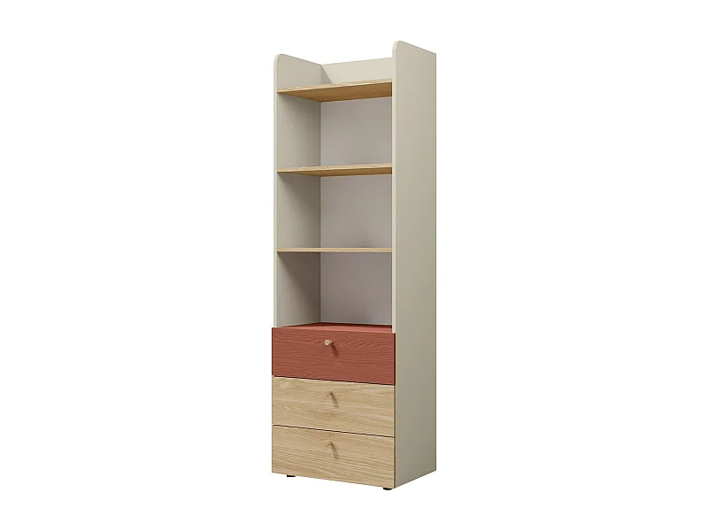 Étagère Domcali 104, Avec tiroirs|Ouvert, Stratifié, 185x60x40cm, Beige|Chêne|Coral