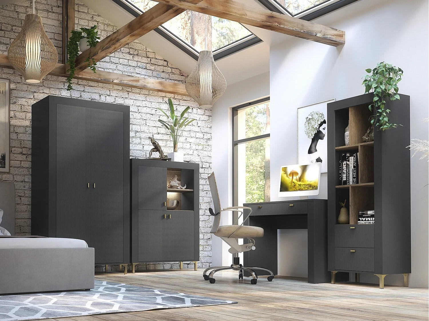 Étagère Mormavu 102, Ouvert|Avec tiroirs, Stratifié, 169x60x40cm, Noir mat|Chêne