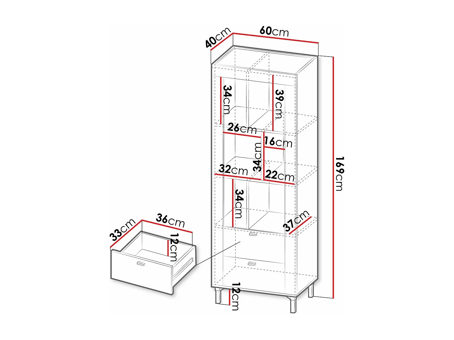 Étagère Mormavu 102, Ouvert|Avec tiroirs, Stratifié, 169x60x40cm, Noir mat|Chêne
