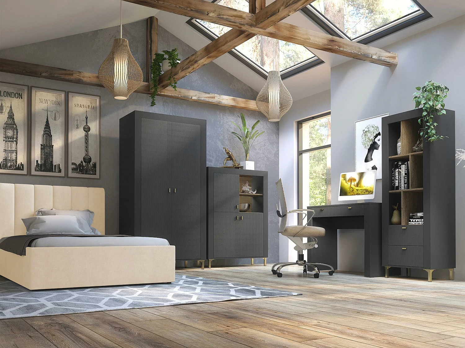 Étagère Mormavu 105, Avec des portes, Stratifié, 136x97x40cm, Noir mat|Chêne