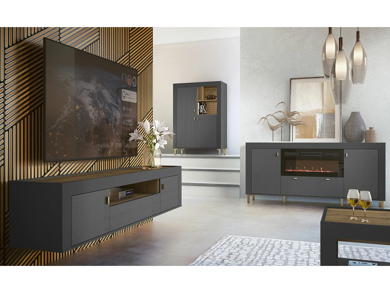 Étagère Mormavu 105, Avec des portes, Stratifié, 136x97x40cm, Noir mat|Chêne