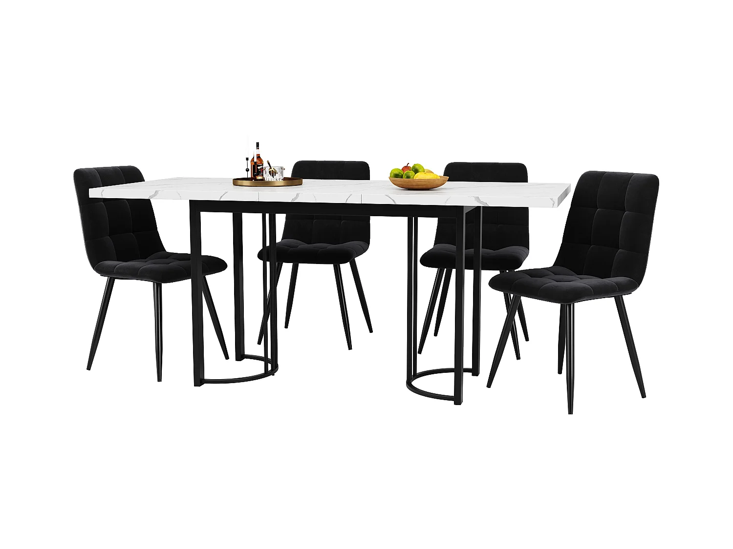 Conjunto de comedor de 5 piezas, mesa extensible 140-179cm MDF + 4 sillas de terciopelo negro