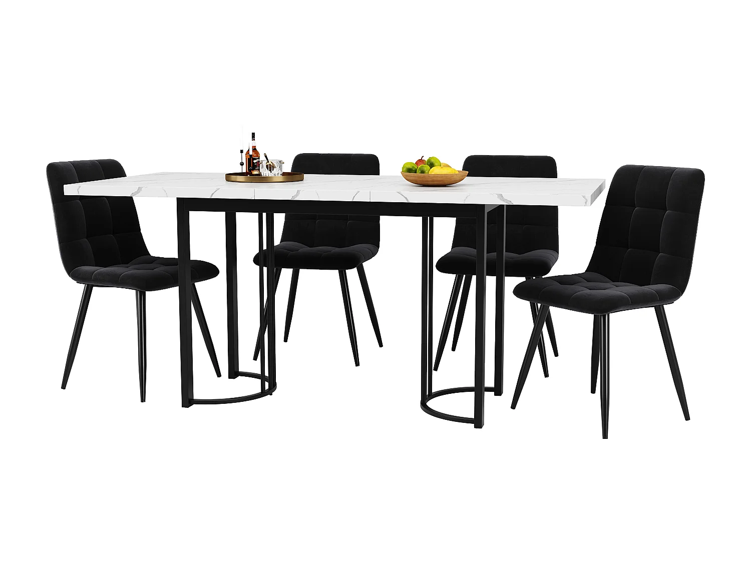 Conjunto de jantar de 5 peças, mesa extensível 140-179 cm MDF + 4 cadeiras de veludo preto