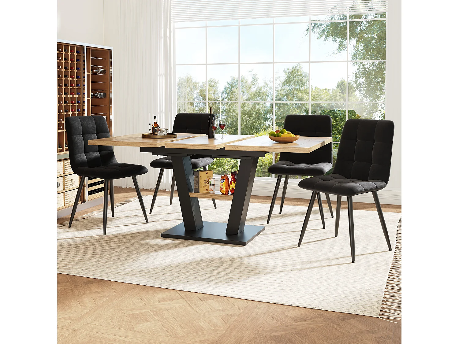 Conjunto de jantar de 5 peças com mesa extensível 118-157 cm MDF + 4 cadeiras de veludo