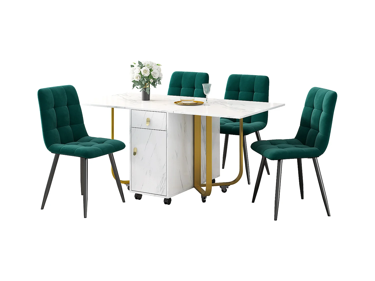 Conjunto de mesa extensível 150×80 cm MDF branco + 4 cadeiras de veludo cinza em metal preto